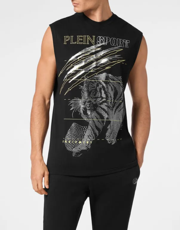 Online Cotton Dotted T-shirt Round Neck Sleeveless Lamina Tiger Herren T-shirt